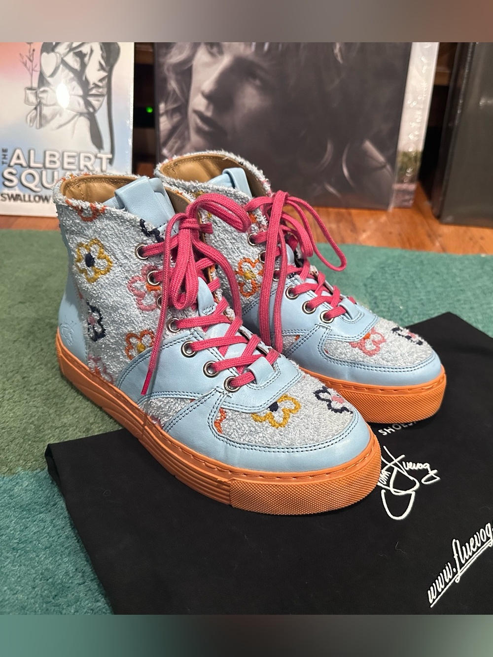 Fluevog NEARLY NEW LoPro Prado baby blue floral fabric/leather hi-top sneaker -6